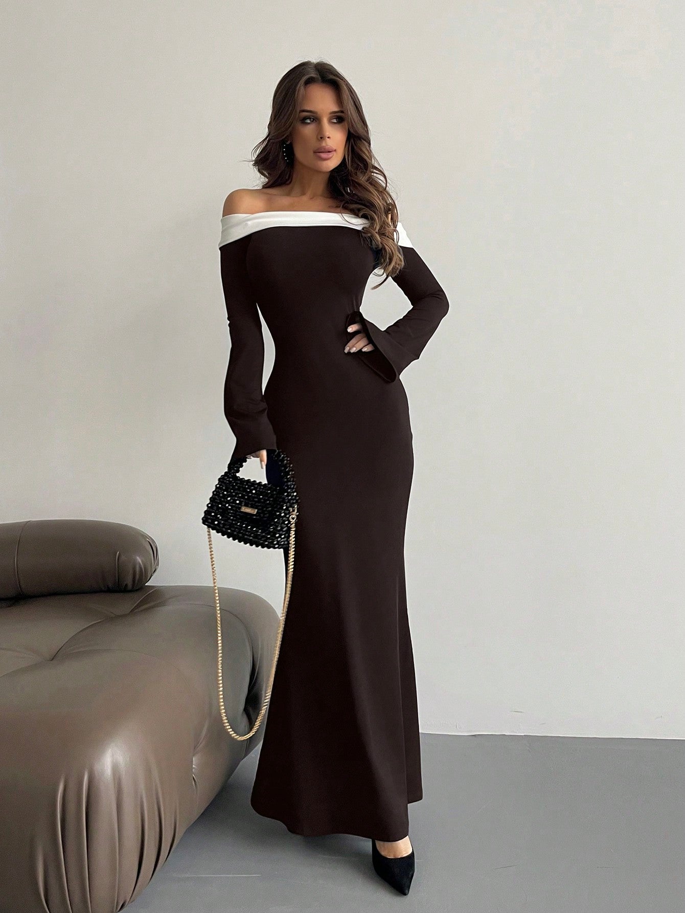 black off the shoulder long sleeve bodycon dress Ashton Off Shoulder Velvet Long Sleeve Bodycon Dress M / 6-8