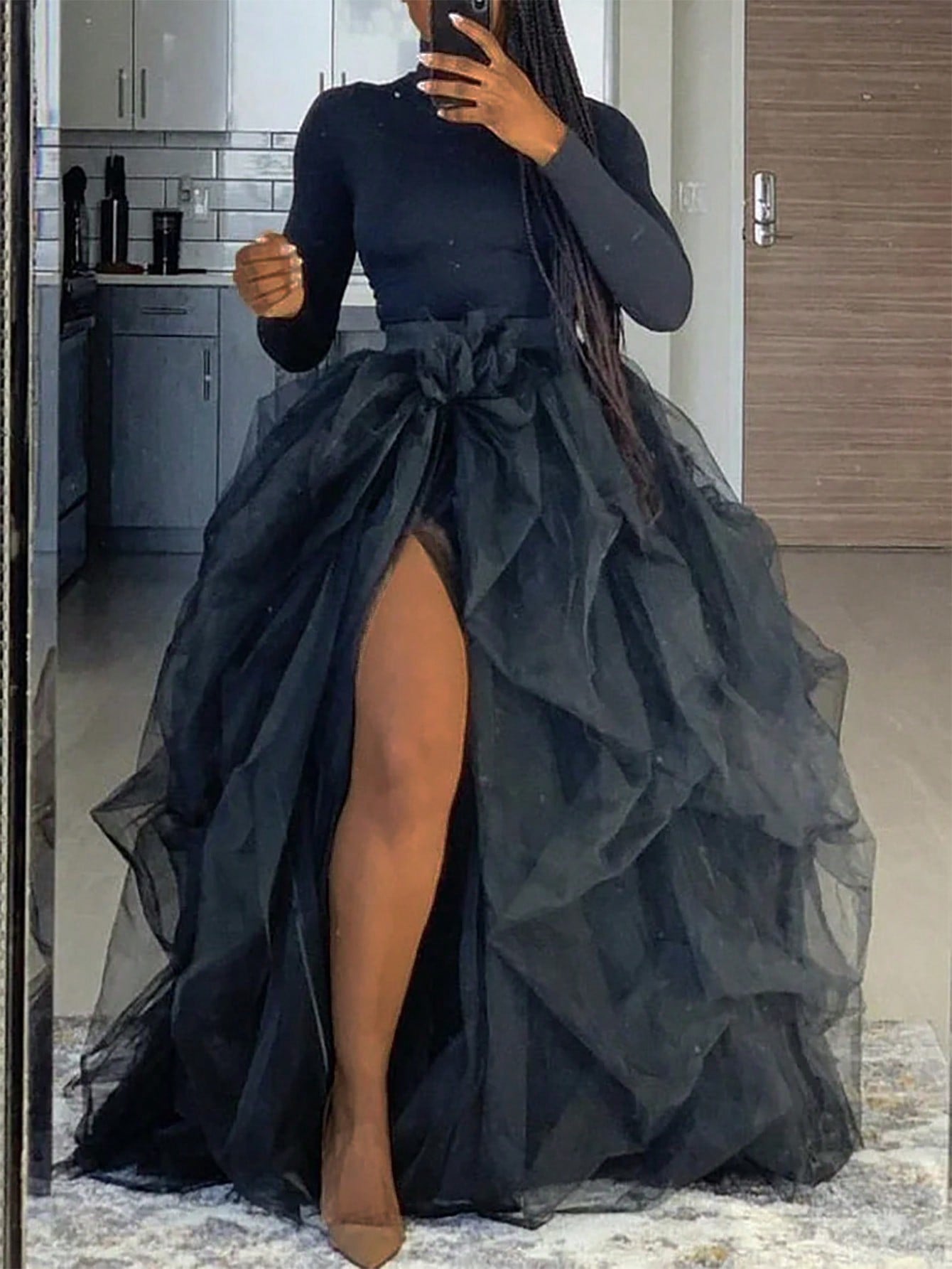 Slayr Gorgeous, Noble And Elegant, High Collar, Long Sleeves, Tight Knitted Jumpsuit And Multi-Layered Irregular Ruffle Skirt, High Slit, Long Mesh Skirt, 's Two-Piece Set