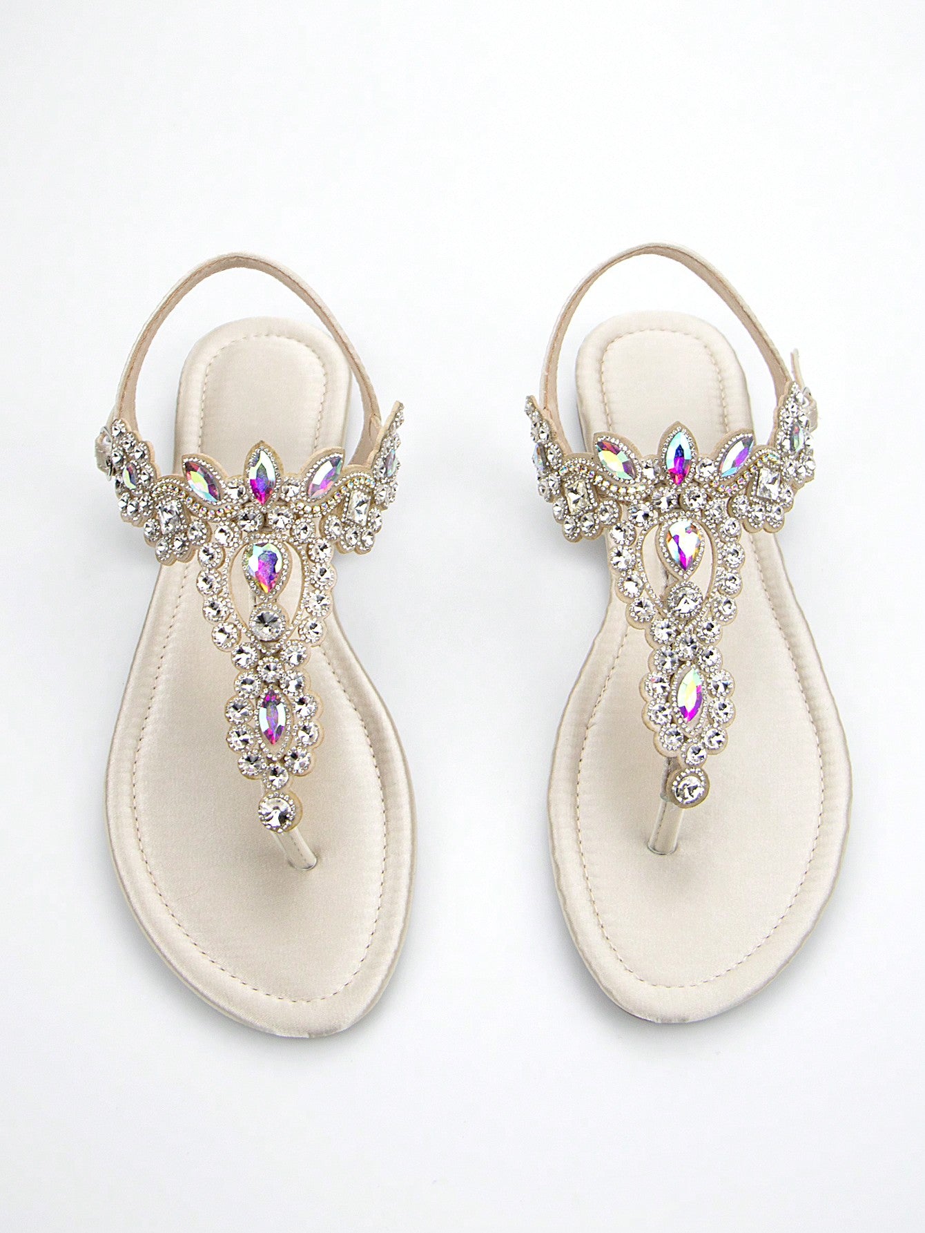 Women's Stylish Rhinestone Decor Metallic Satin Fabric Ankle Strap Comfortable Flat Sandals In Gold Color