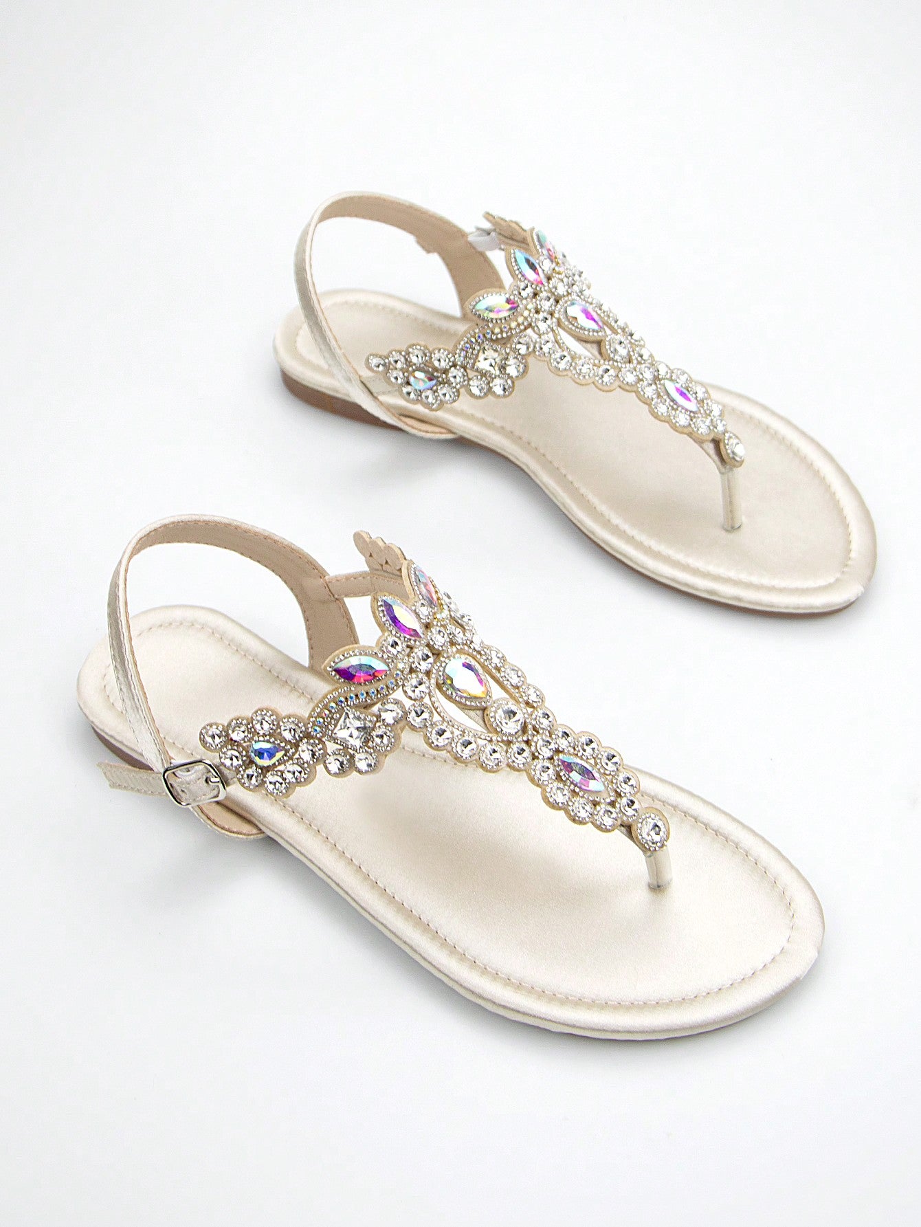 Women's Stylish Rhinestone Decor Metallic Satin Fabric Ankle Strap Comfortable Flat Sandals In Gold Color