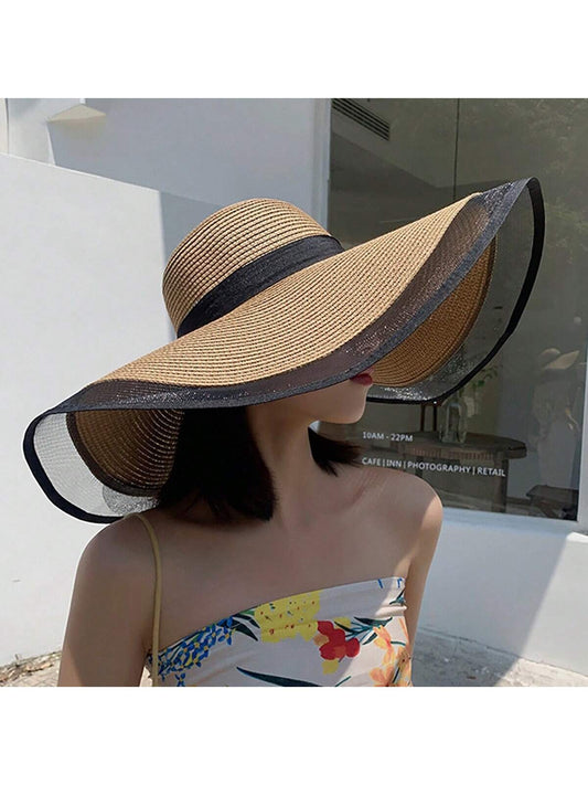 Women's Wide Brim, Fashionable French Mesh Design Straw Hat