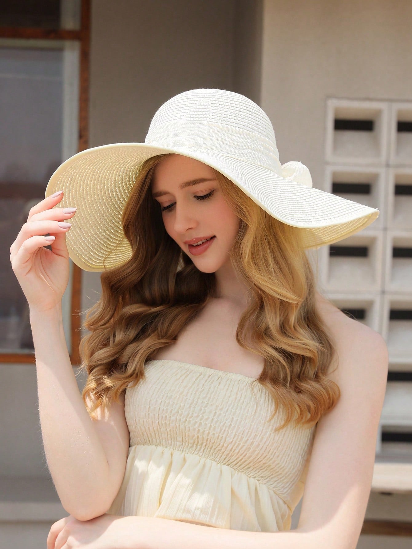 1pc Women's Beige Sun Hat With Polka Dots & Bowknot Decor