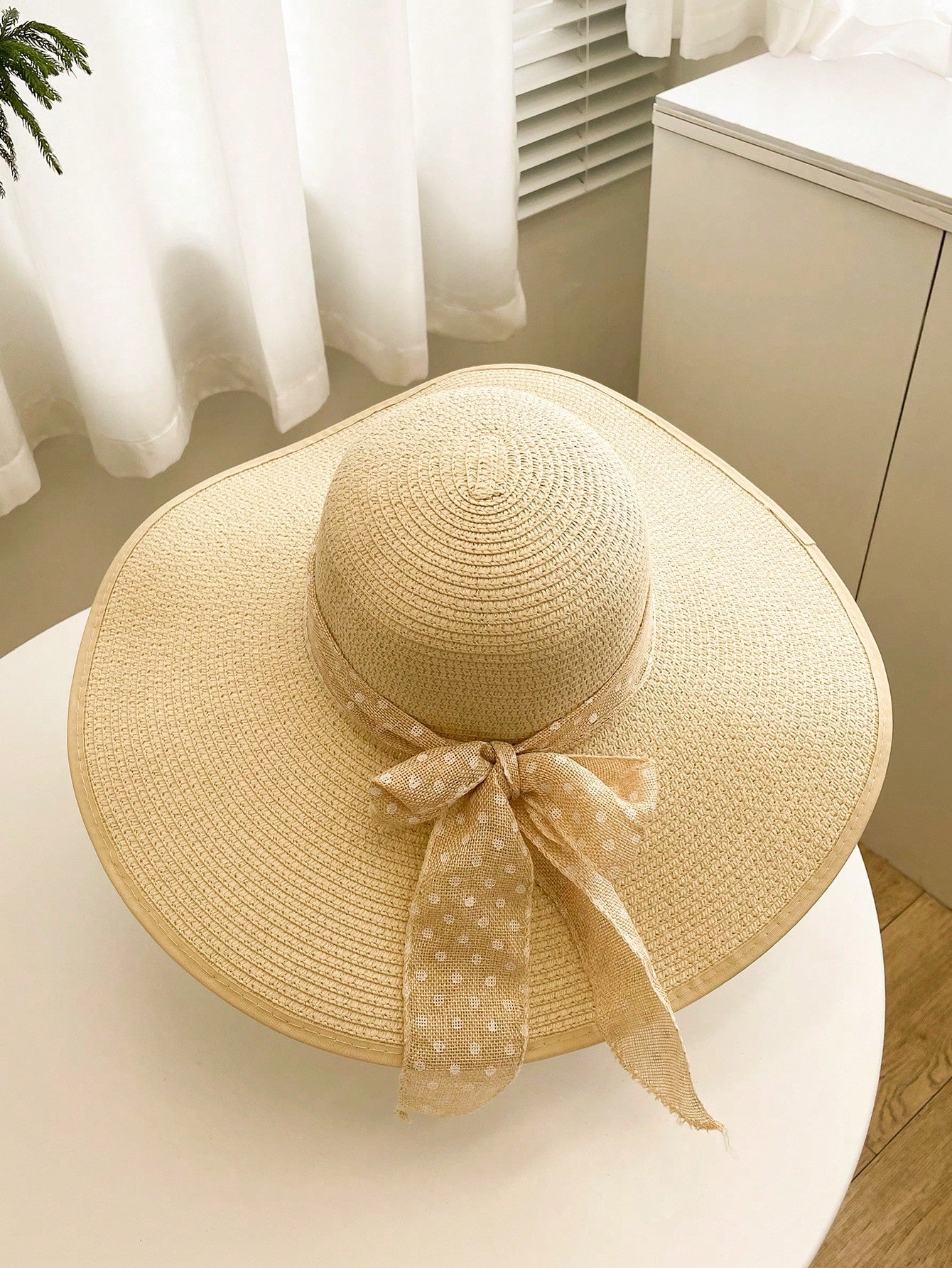 1pc Women's Beige Sun Hat With Polka Dots & Bowknot Decor
