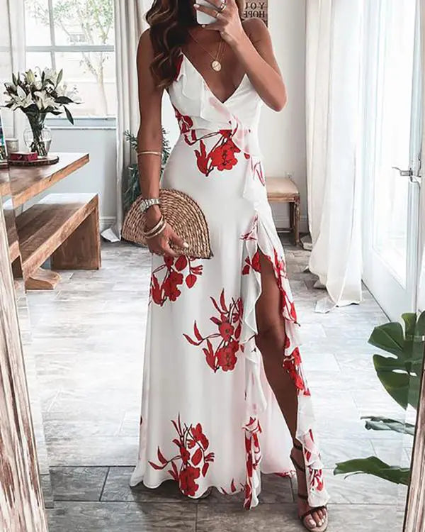 Long Dress with Ruffles and High Slit with Floral Print