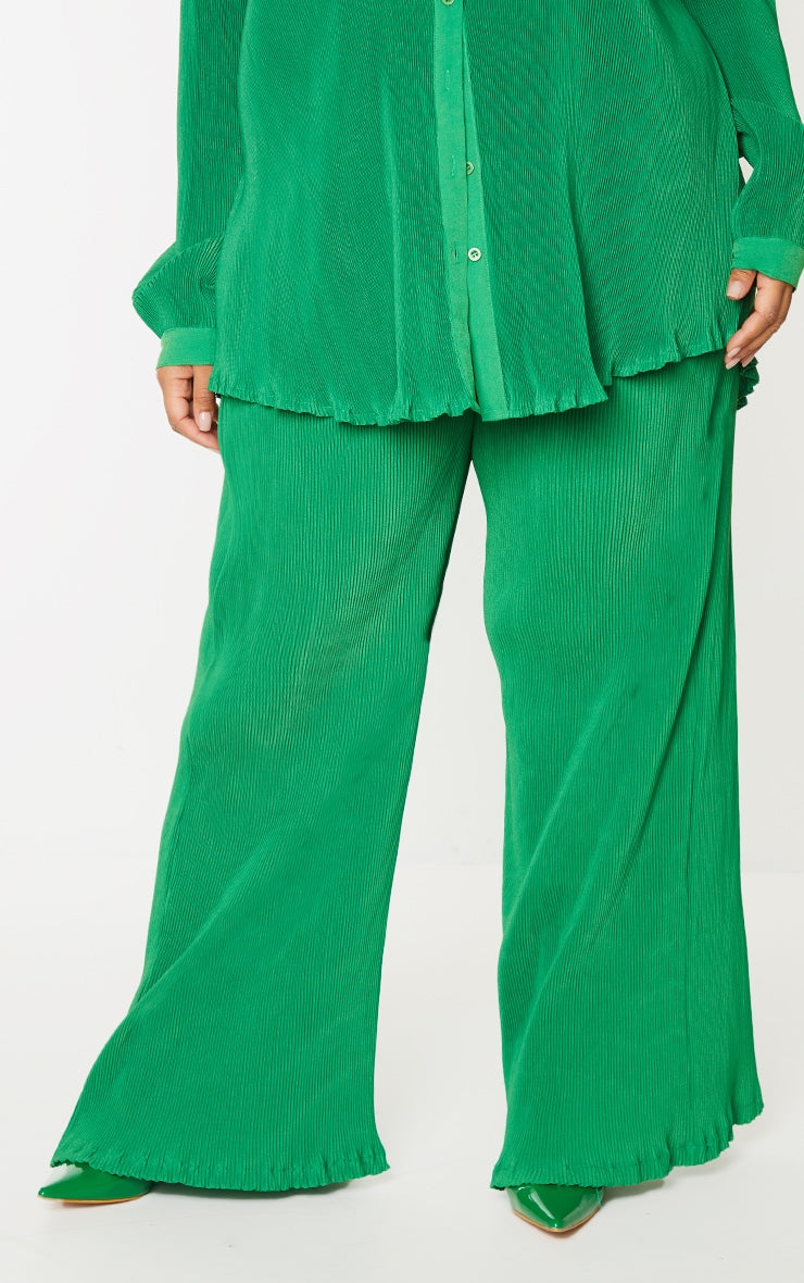 Plus Bright Green Plisse High Waisted Wide Leg Pants
