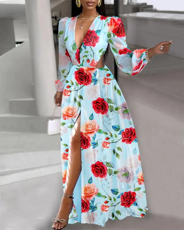 Floral Print Plunge Cutout Slit Maxi Dress