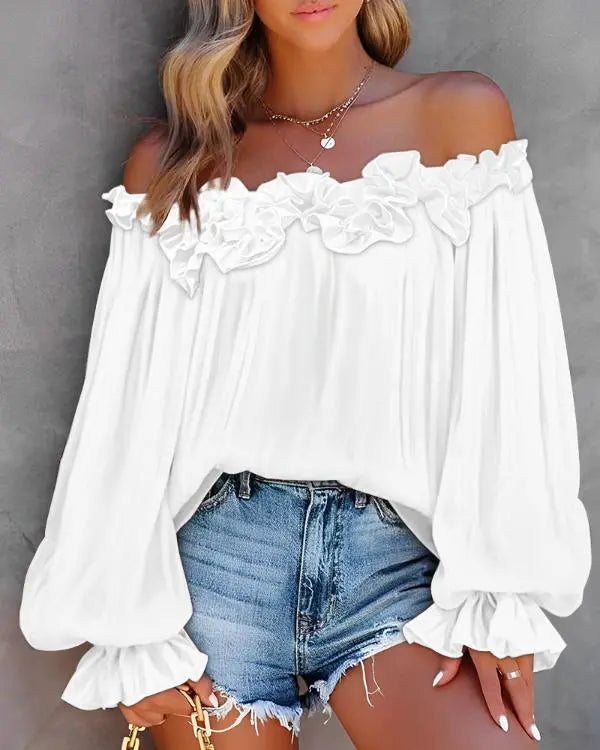 Ruffle Hem Lantern Sleeve Top