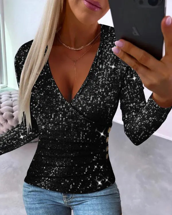 Allover Sequin Ruched Long Sleeve Top