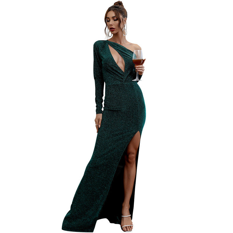 Solid Color Evening Maxi Dress Women Banquet Elegant One Shoulder Irregular Asymmetric Long Slim Dress Maxi Prom Dress