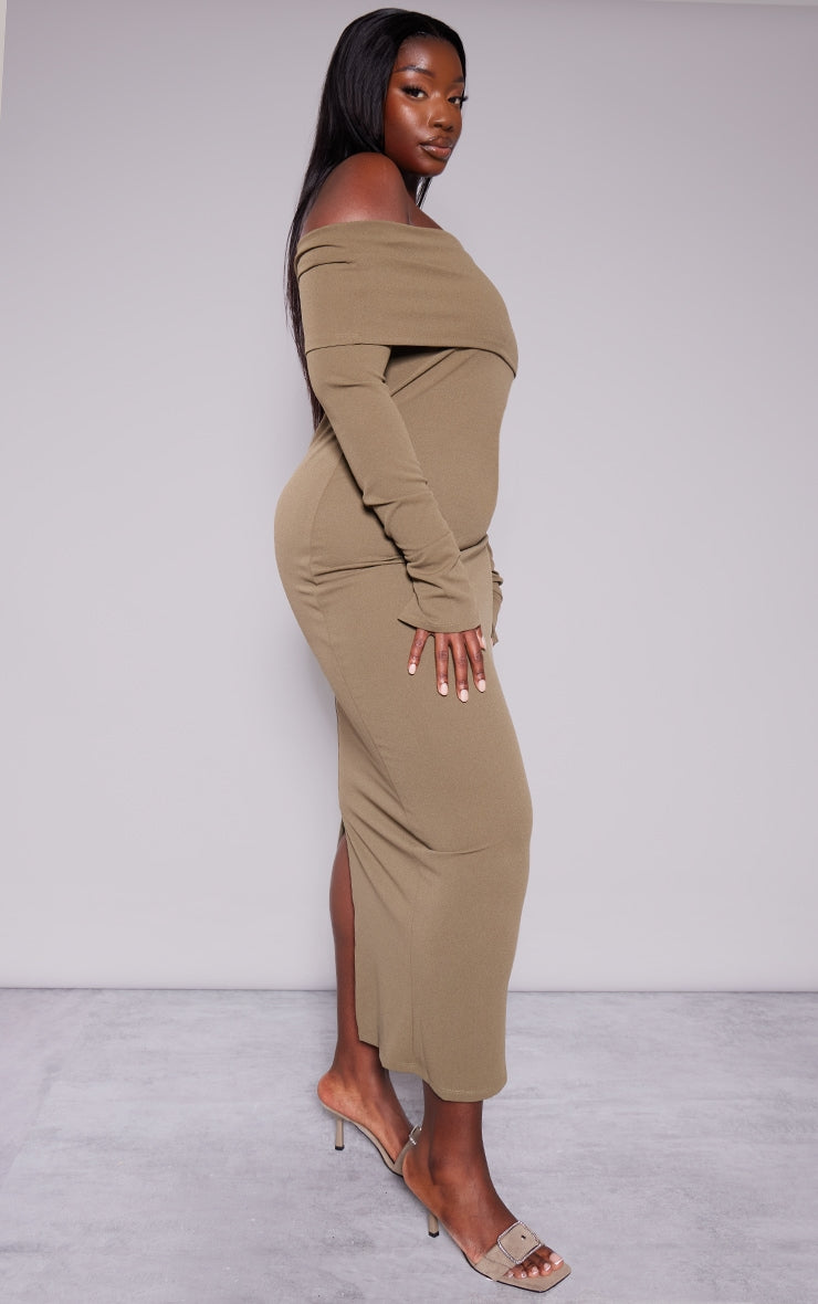 Plus Size Khaki Crepe Long Sleeve Bardot Maxi Dress