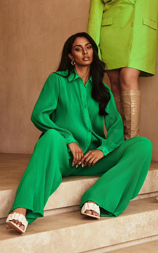Bright Green Plisse Button Front Oversized Shirt