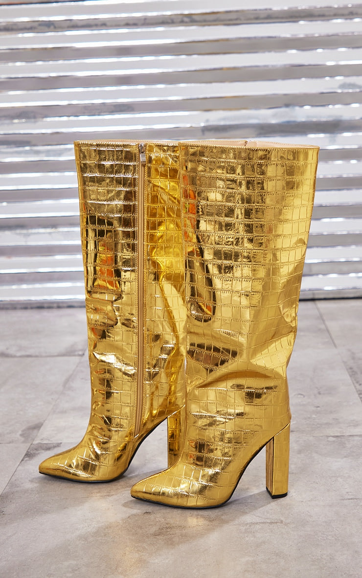 Gold Wide Fit Metallic Point Toe Croc Block High Heeled Knee Boots