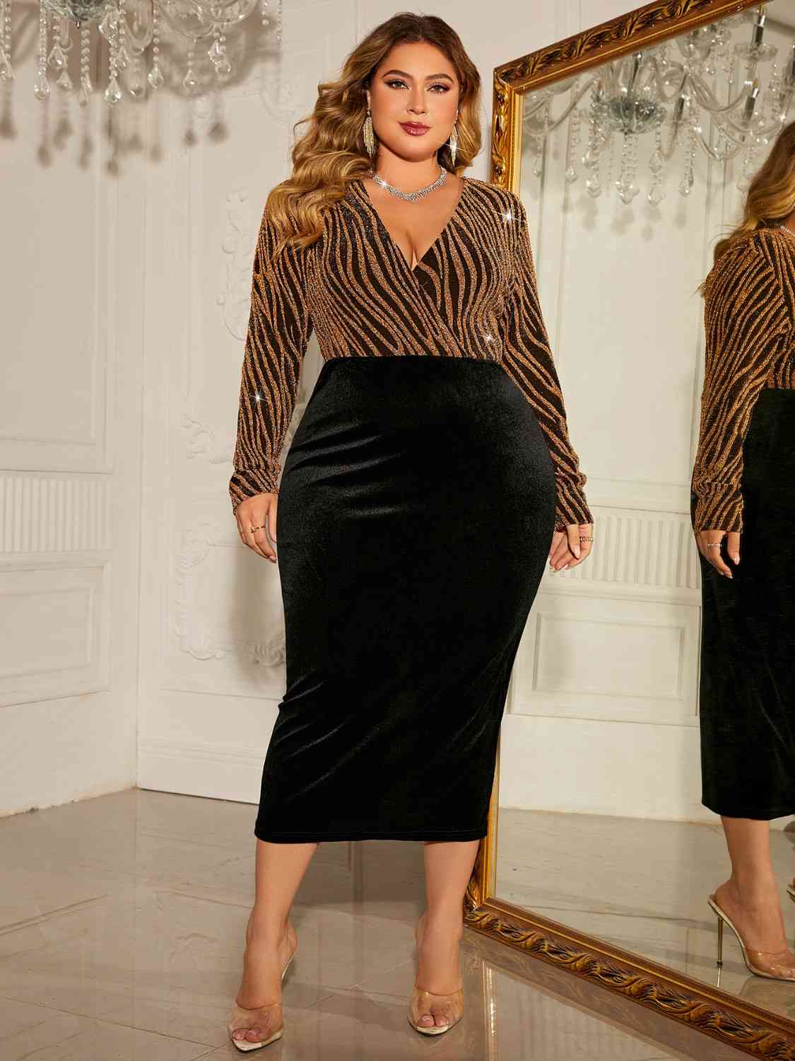 Plus Size Surplice Neck Long Sleeve Slit Midi Dress