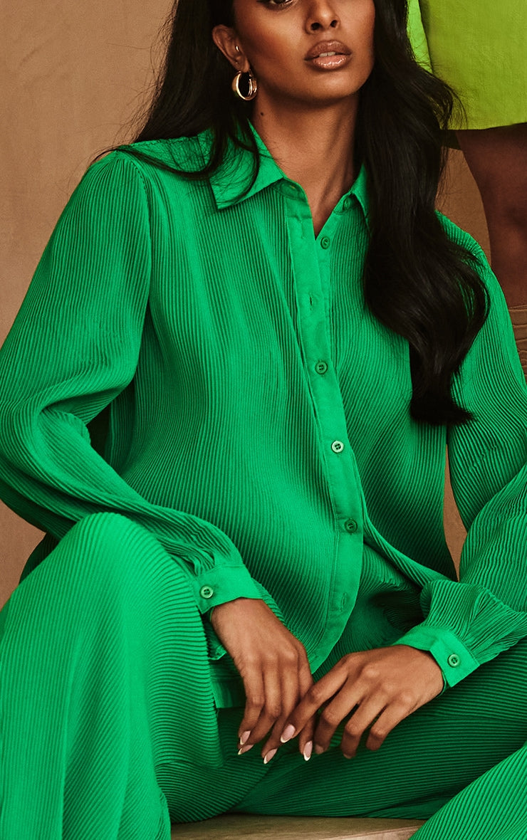 Bright Green Plisse Button Front Oversized Shirt