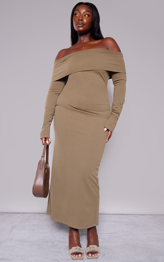 Plus Size Khaki Crepe Long Sleeve Bardot Maxi Dress