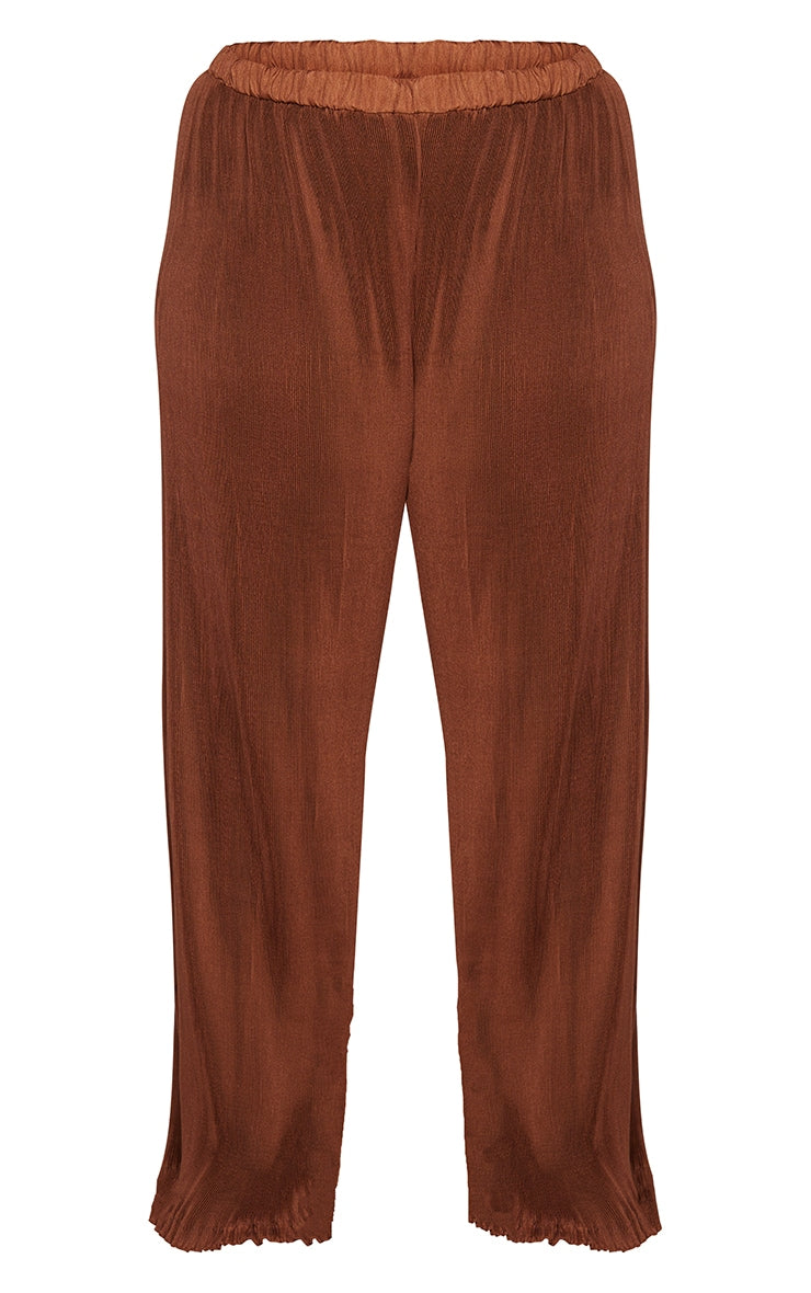 Plus Chocolate Plisse High Waisted Wide Leg  Pants