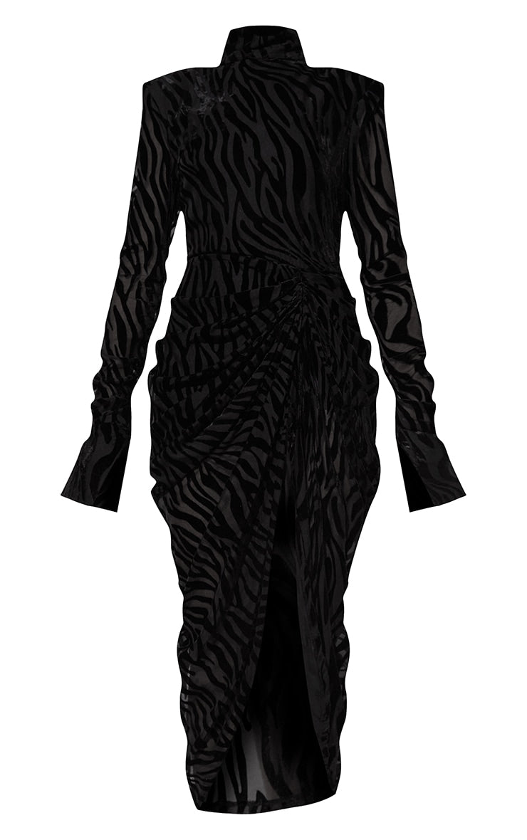 Black Zebra Devore High Neck Draped Midi Dress