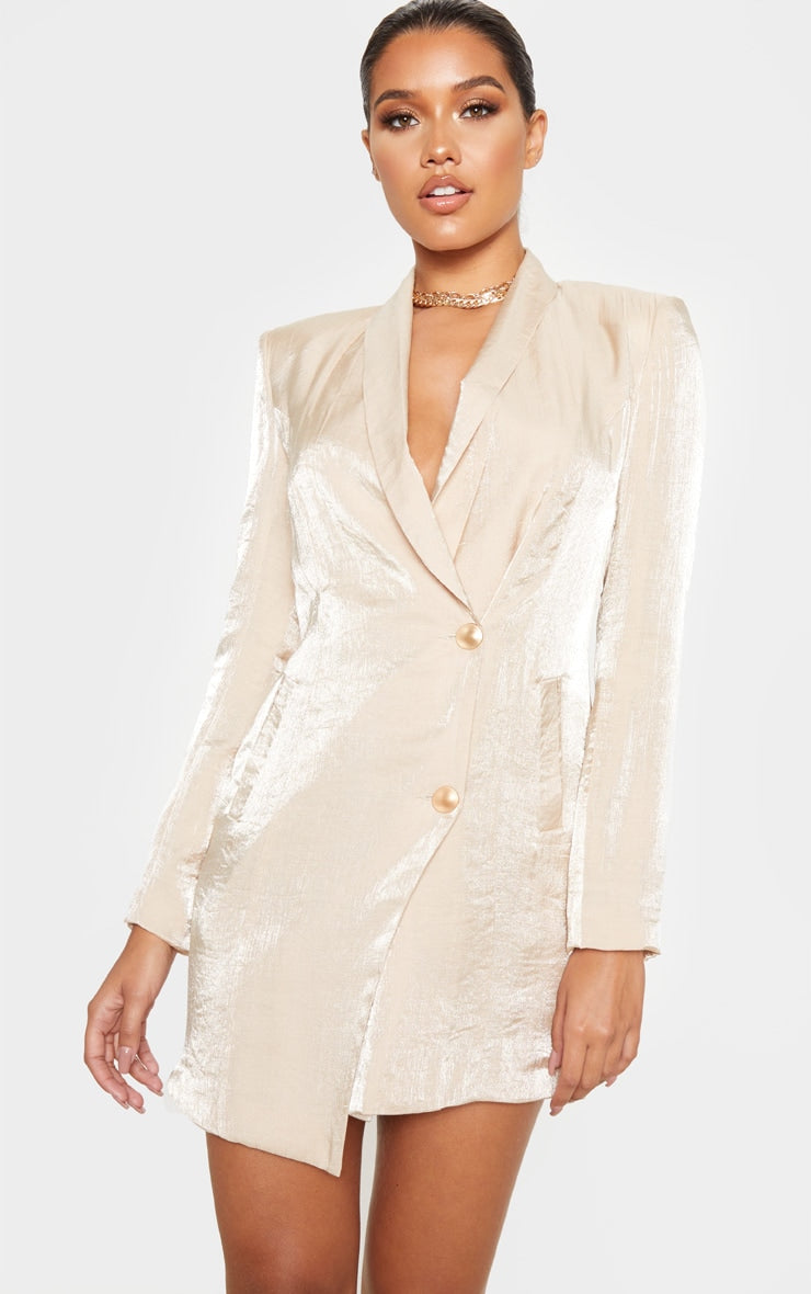 Champagne Pleated Shimmer Gold Button Blazer Dress