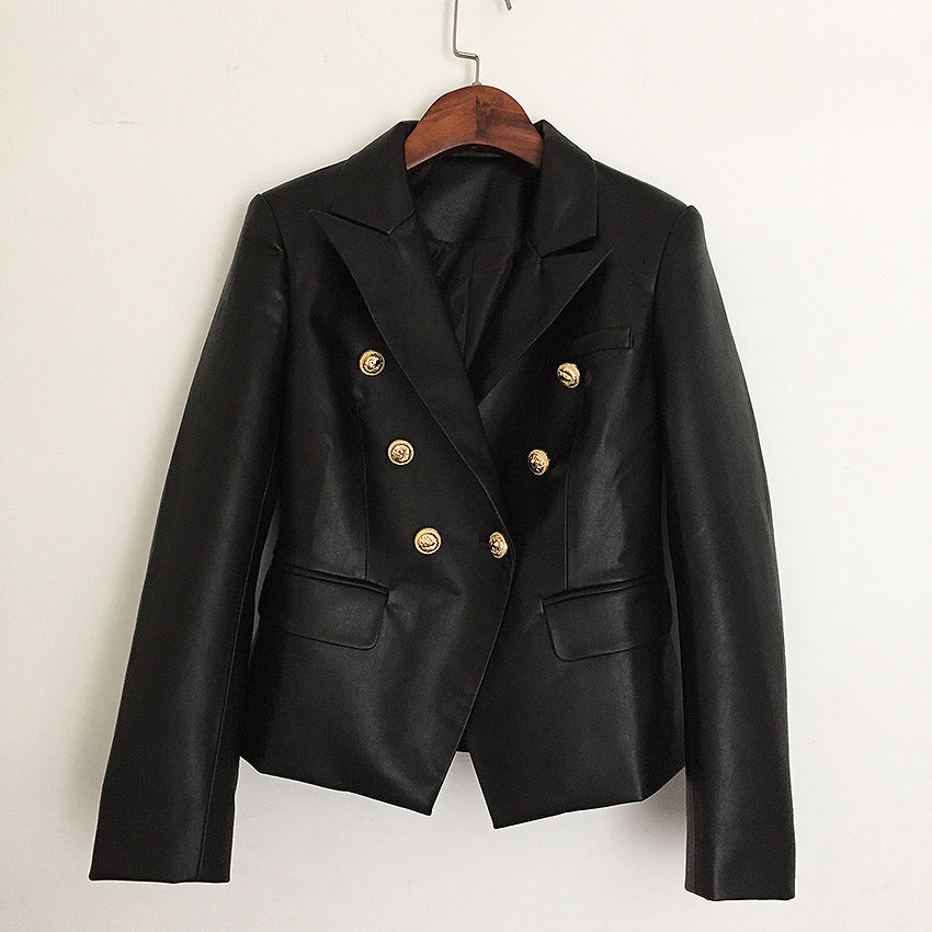 Leather Lion Head Metal Buckle Double-Breasted Blazer Leather Coat