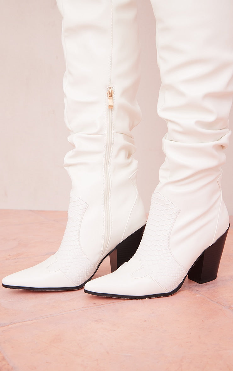 White Wide Fit Point Toe Contrast Croc Thigh High Cowboy Boots