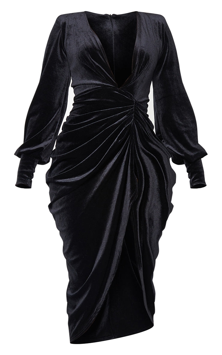 Burgundy Velvet Long Sleeve Plunge Draped Midi Dress