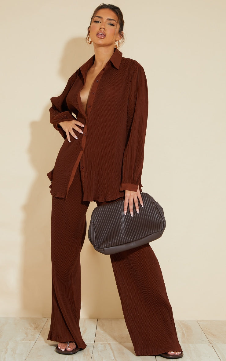 Light Grey Plisse High Waisted Wide Leg Pants
