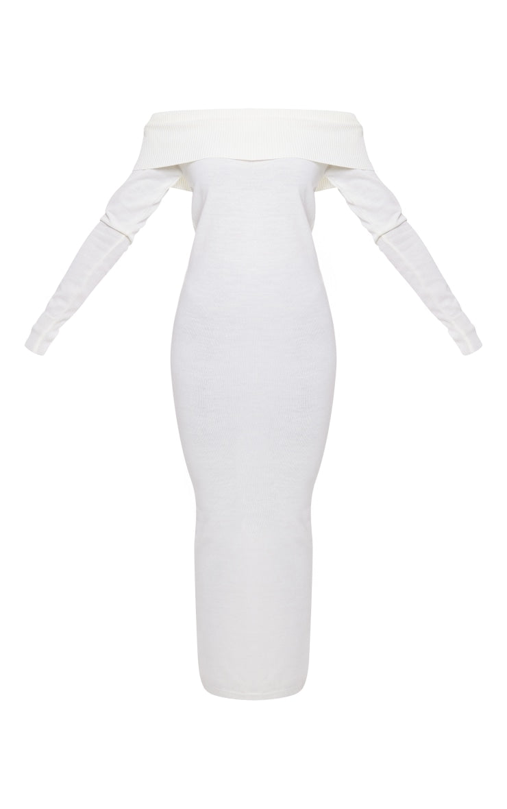 Plus Size Cream Bardot Fold Over Detail Maxi Knit Dress