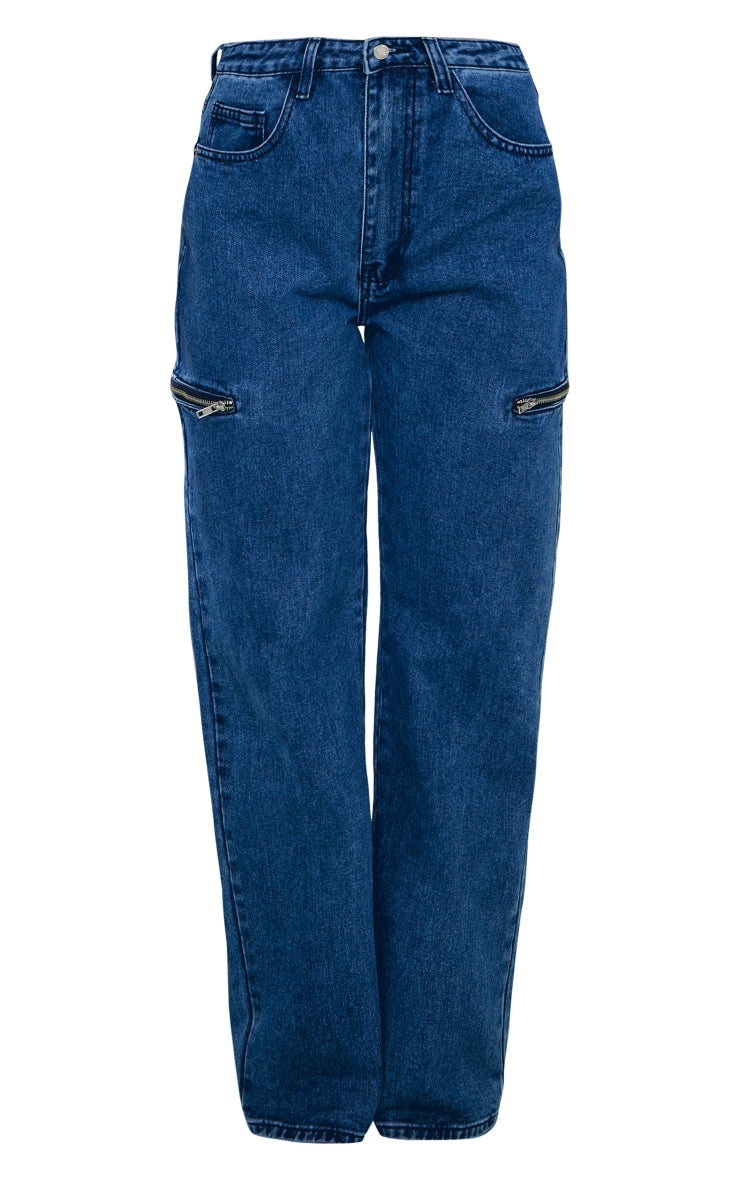 Mid Blue Wash Thigh Zip Detail Straight Leg Jeans