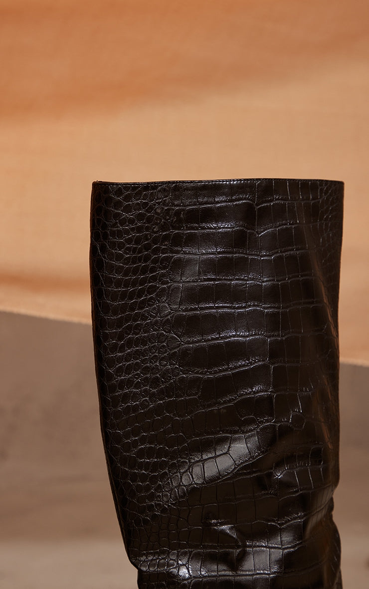 Chocolate PU Croc Detail Point Toe Stiletto Heeled Knee Boots