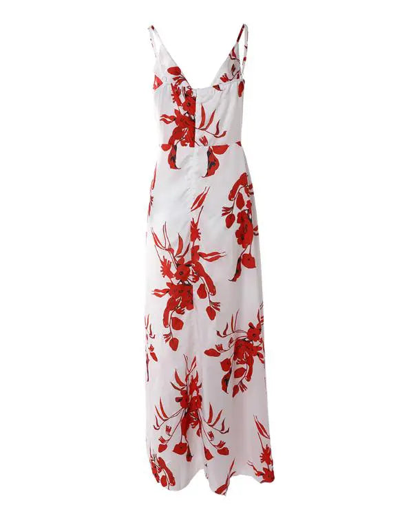 Long Dress with Ruffles and High Slit with Floral Print
