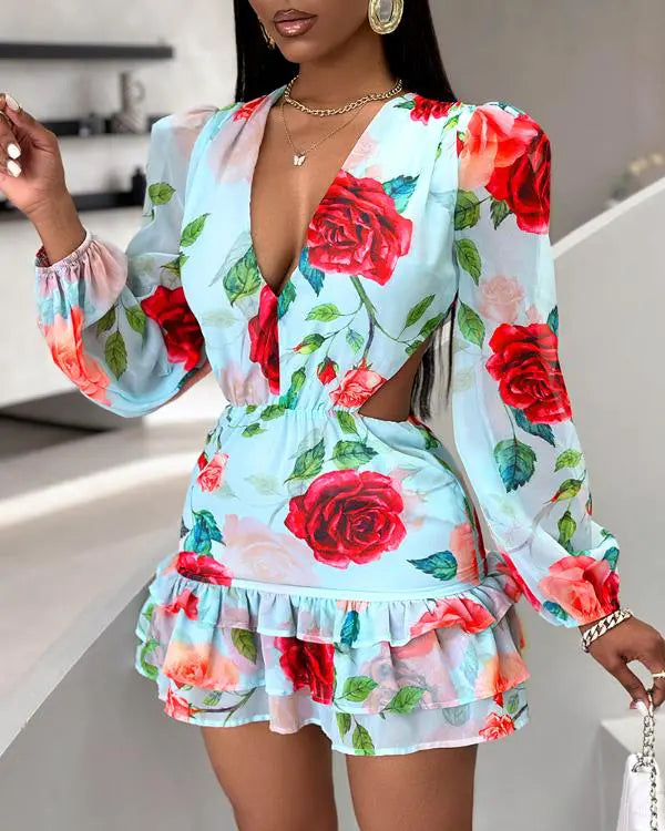 Floral Print Ruffles Layered Dress