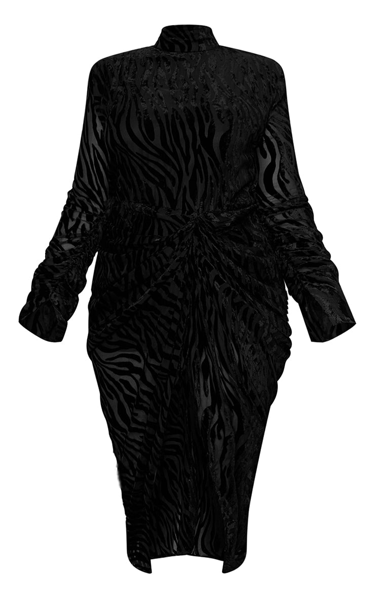 Plus Black Zebra Devore High Neck Draped Midi Dress