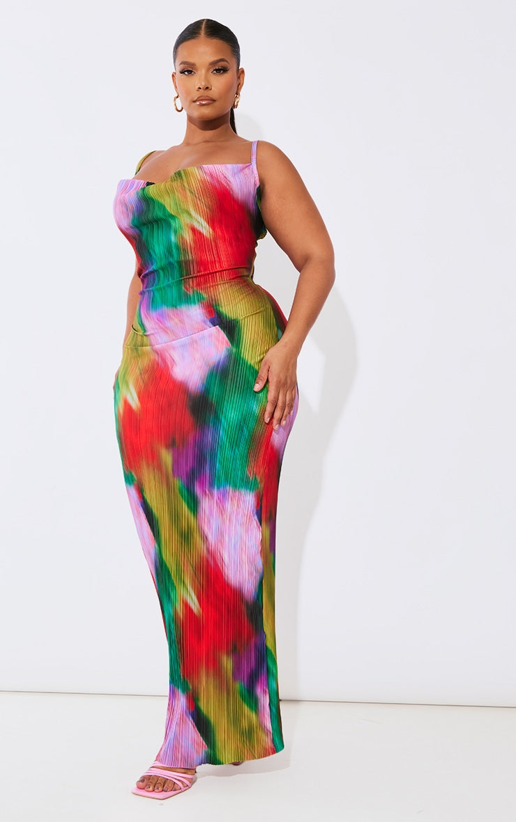 Plus Multi Printed Plisse Cowl Neck Maxi Dress