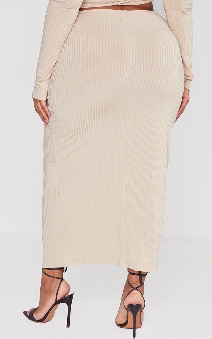 Plus Oatmeal Rib Asymmetric Wrap Midi Skirt