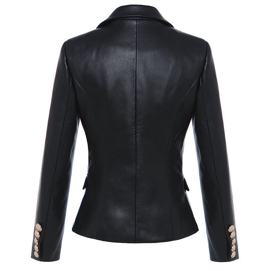Leather Lion Head Metal Buckle Double-Breasted Blazer Leather Coat
