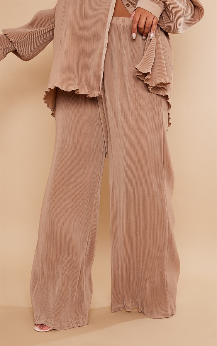 Plus Chocolate Plisse High Waisted Wide Leg  Pants