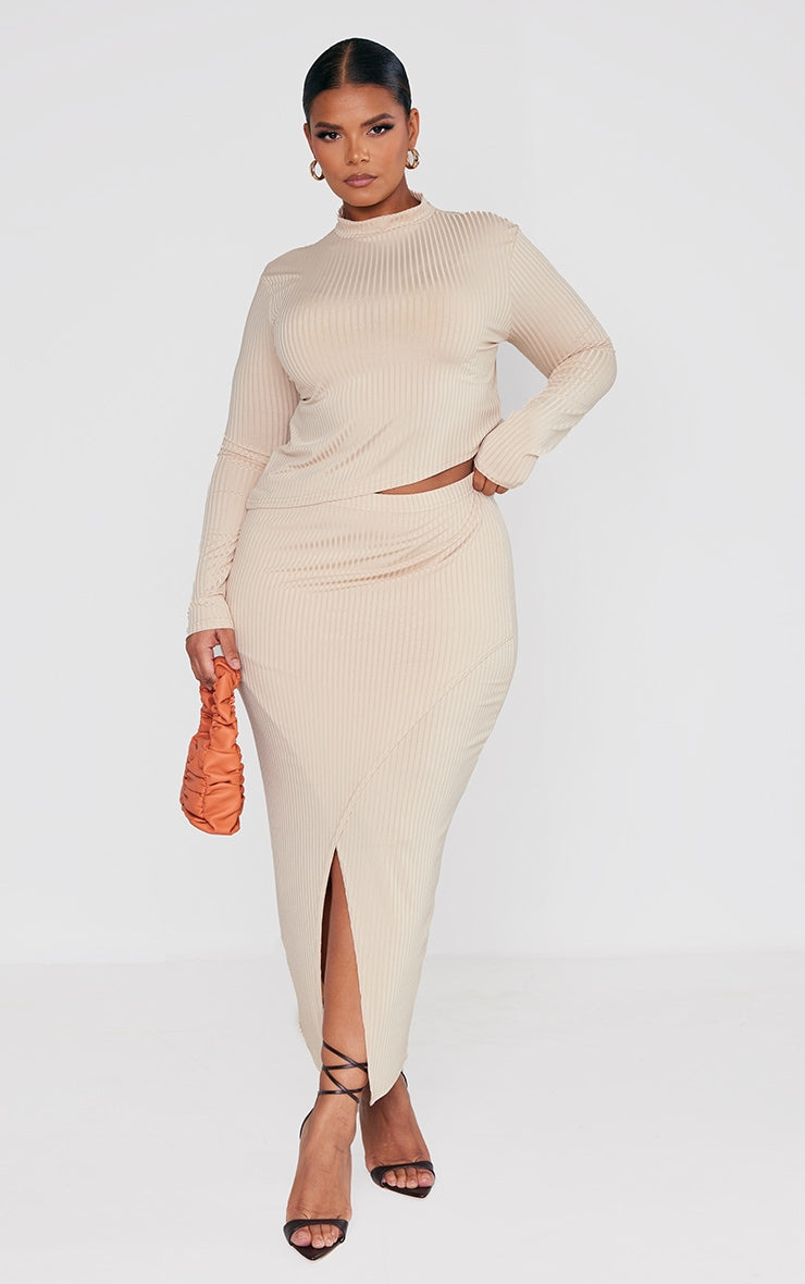 Plus Oatmeal Rib Asymmetric Wrap Midi Skirt