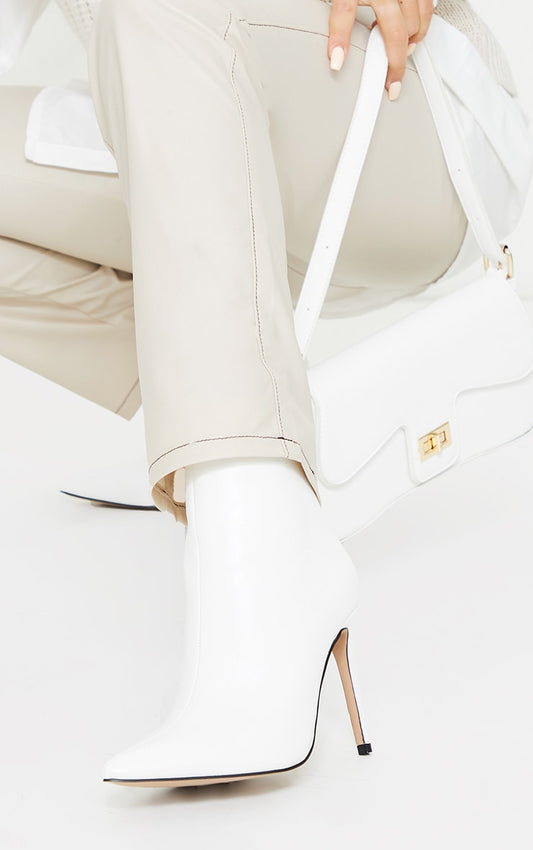 White Wide Fit Mid Heel Pointed Ankle Boots