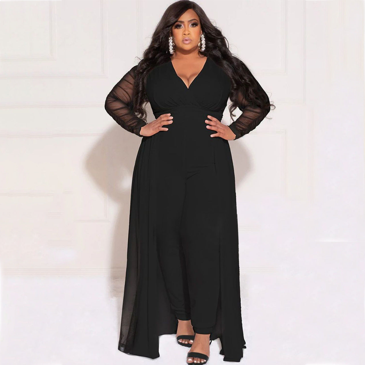 Popular Plus Size Woman Sexy V-neck Stitching Long Sleeve Jumpsuit Set