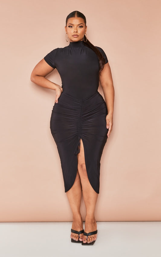 Plus Black Slinky Ruched Front Midi Skirt