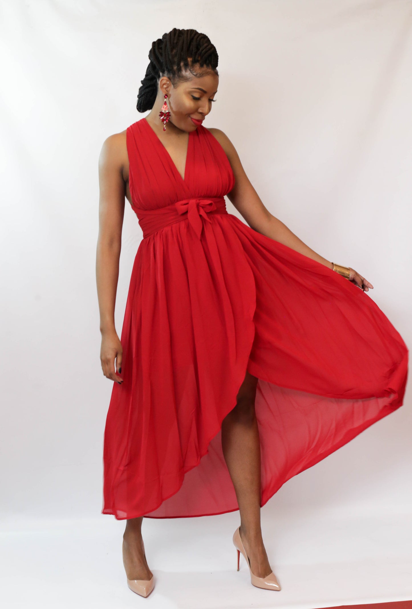 Red Halter Midi Dress