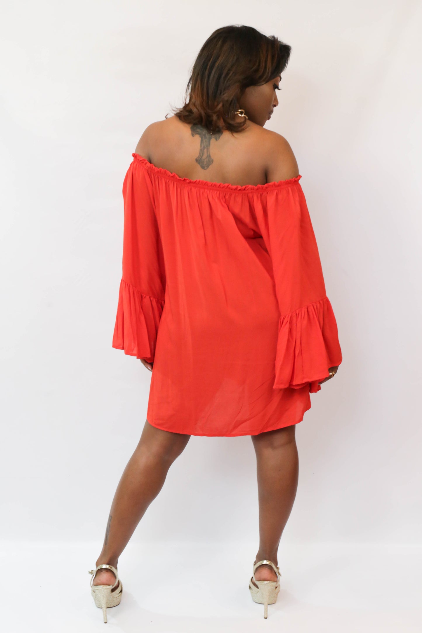 Red Off Shoulder Ruffle Long Sleeve Dress