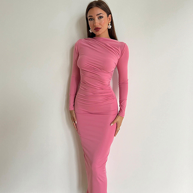 Sexy Slim Fold Split Solid Color Long Sleeve Maxi Dress