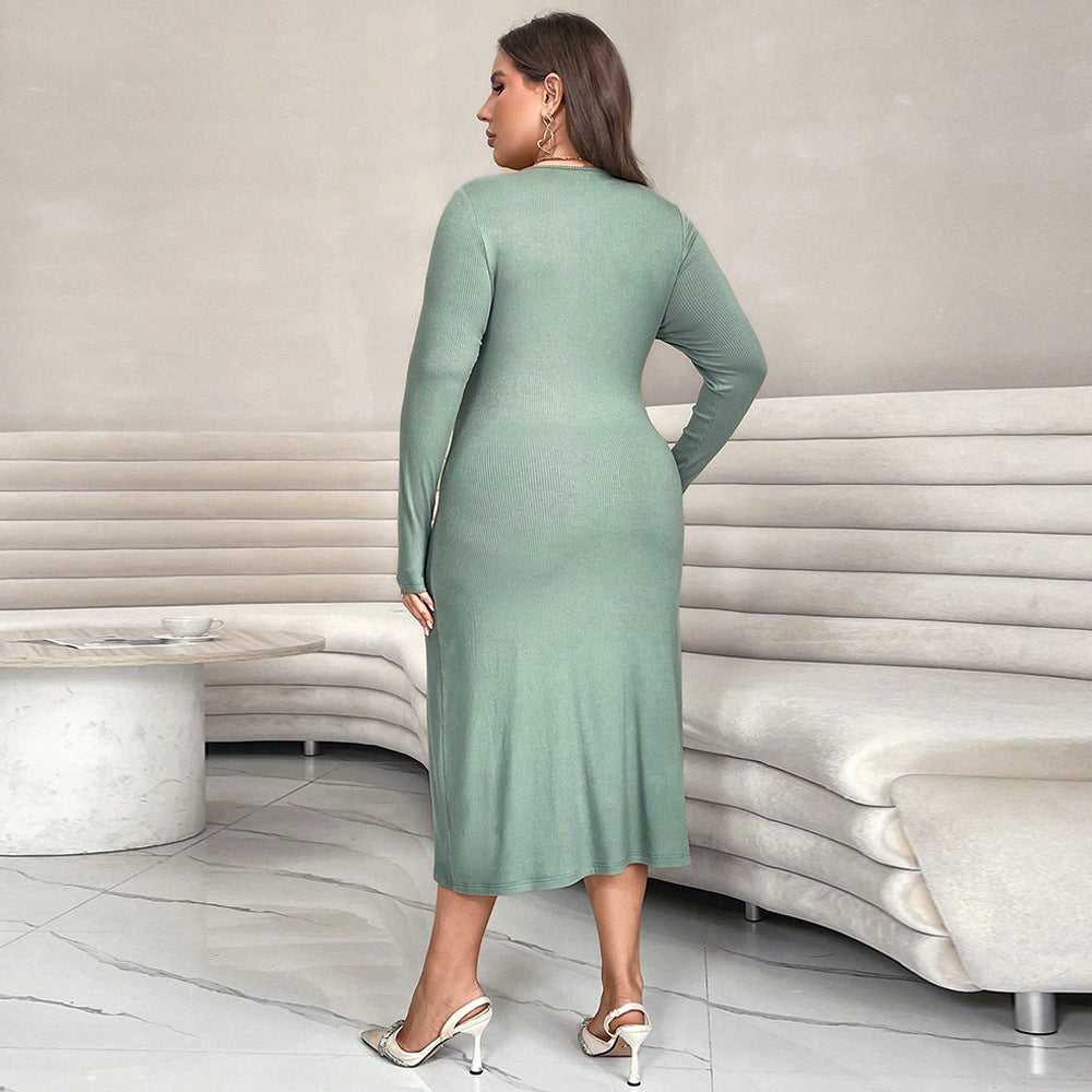 Plus Size Long Sleeve Cross Collar Slim Fit Fishtail Midi Dress