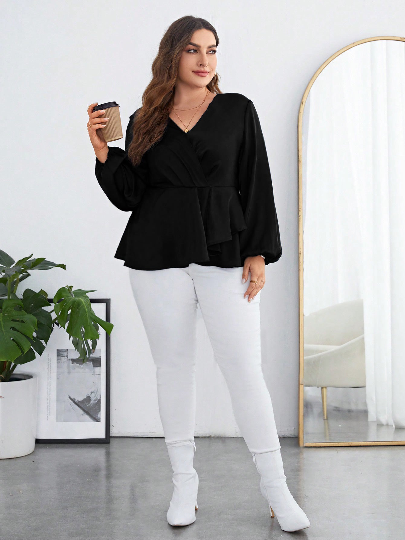 Plus Size Chiffon Long Puff Sleeves V Neck Top