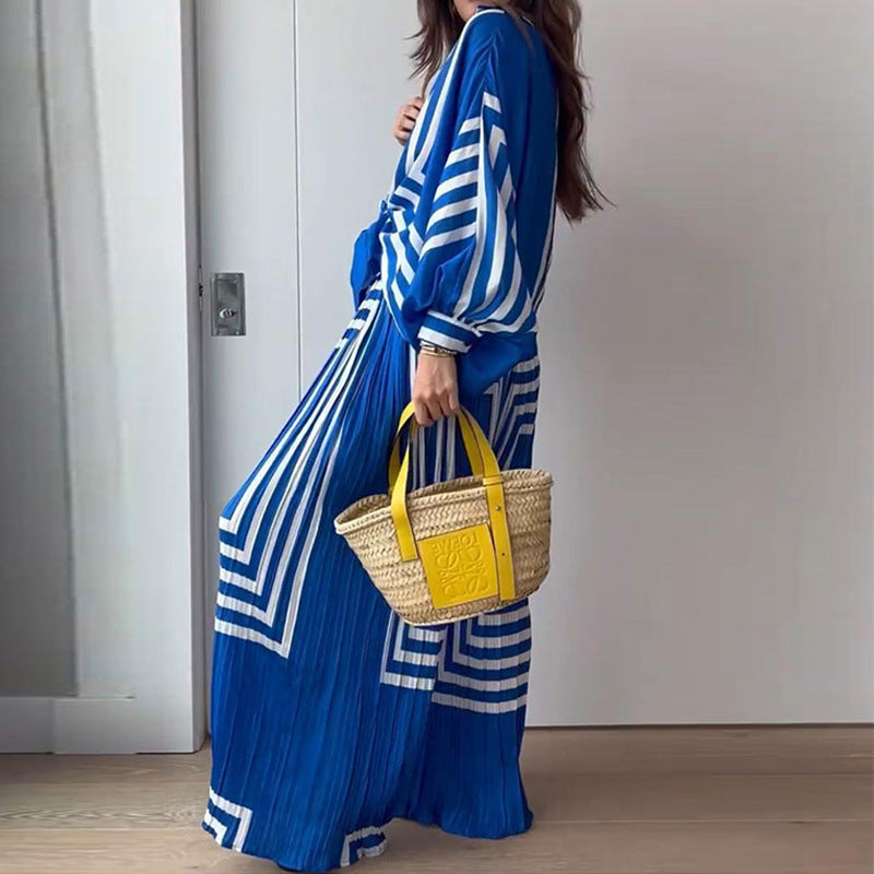 Spring Women Clothing Printed Long Sleeved Shirt Pleated Straight Wide Leg Pants Set