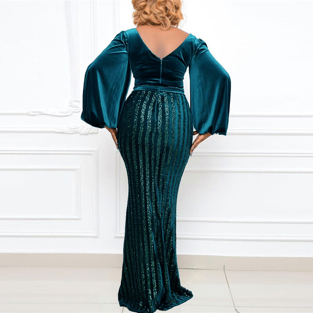 Plus Size Sexy Split Beaded Velvet Maxi Evening Dress