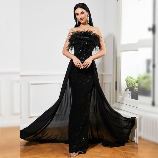 Sexy Long Sequined Feathers Wrap Around The Chest Evening Maxi Dress