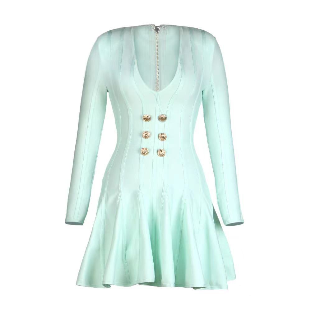 Green Long-Sleeved V Neck With Sexy Lion Buckle, Bandage Swing Dress