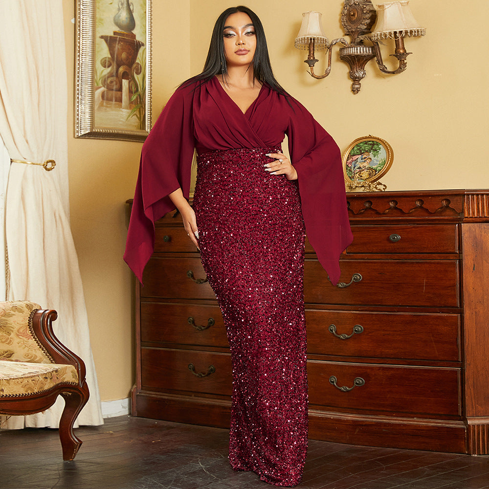 plus Size Sexy Long Sequined V neck Long Sleeve Cocktail Evening Dress Bridesmaid Dress Dress Women